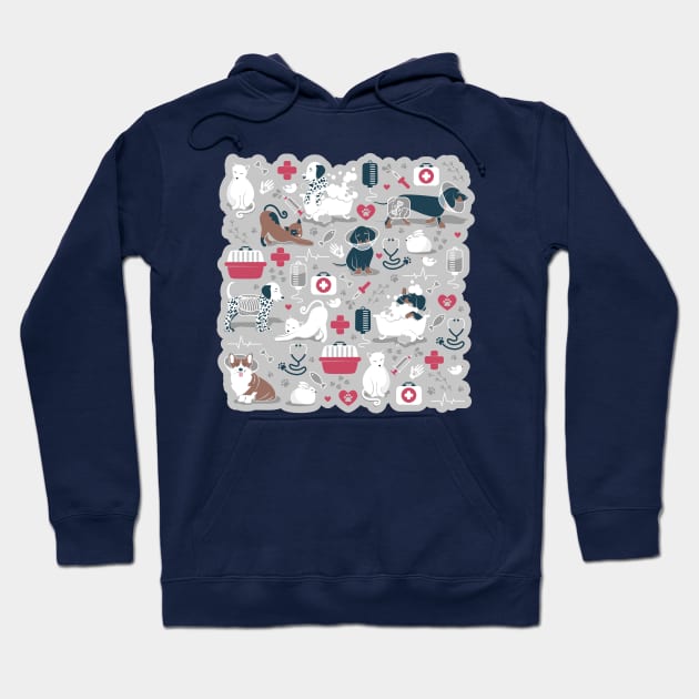 Veterinary medicine, happy and healthy friends // grey background red details navy blue white and brown cats dogs and other animals Hoodie by SelmaCardoso